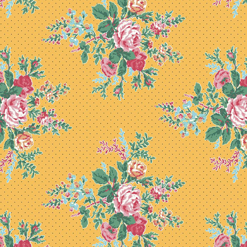 Riley Blake Fabrics Simple Pleasures American Jane Floral Yellow fabric with pink roses and green leaves floral pattern on a yellow background with small black dots.
