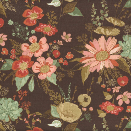 Riley Blake Fabrics Morning Latte Main Espresso, floral printed fabric with pink, red, beige, and green flowers on a dark espresso background.