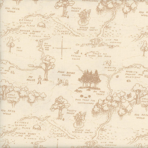 Riley Blake Fabrics Winnie the Pooh Map Cream, vintage-style map print fabric featuring Winnie the Pooh and friends' landmarks with playful labels and illustrations.