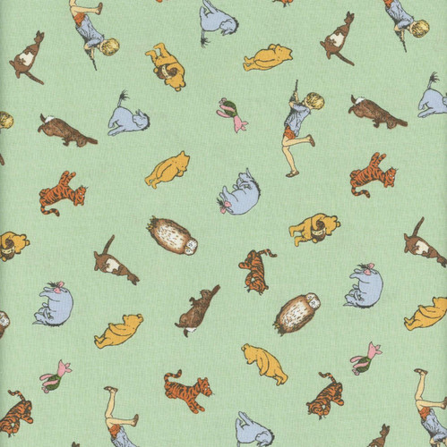 Riley Blake Fabrics Winnie the Pooh Characters Green, fabric with playful Winnie the Pooh and friends illustrations on a green background.