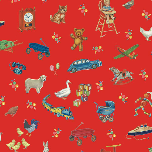 Riley Blake Fabrics Simple Pleasures American Jane Toys Strawberry, playful pattern featuring vintage toys, animals, and kids' toys on a red background.