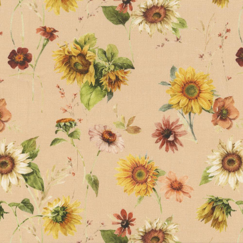 Riley Blake Fabrics Sunflower Whispers Lisa Audit Sunflowers Blush, floral print with yellow sunflowers and small brown and pink flowers on a blush background.