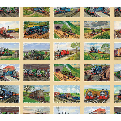 Riley Blake Fabrics Thomas & Friends Thomas the Tank Engine 80th Anniversary Art Grid Flax