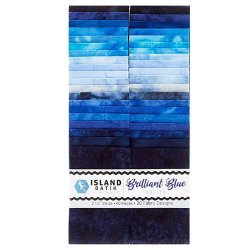 Island Batik Fabrics Foundations Brilliant Blue Batiks 2.5 inch Strip Pack, a collection of fabric strips in various shades of blue from light to dark, arranged in a vertical layout.