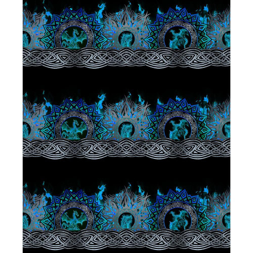 In The Beginning Fabrics Dragons Blue Fury Ethereal Flame Repeating Stripe, a fabric pattern featuring vibrant blue dragons encircled by intricate geometric and flame-like designs with Celtic knot accents, set against a black background.