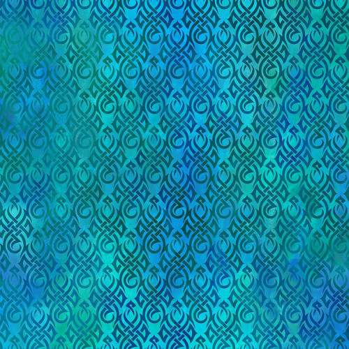 In The Beginning Fabrics Dragons Blue Fury Ocean Scroll, intricate blue and teal scroll pattern with dragon motifs on fabric. 