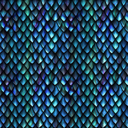 In The Beginning Fabrics Dragons Blue Fury Dragon Scales, close-up view of vibrant, iridescent blue dragon scales pattern.