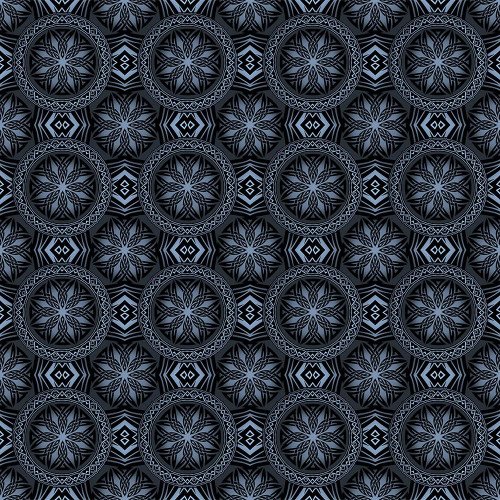In The Beginning Fabrics Dragons Blue Fury Black Celtic Medallions, intricate black and blue Celtic-inspired medallion pattern fabric design.