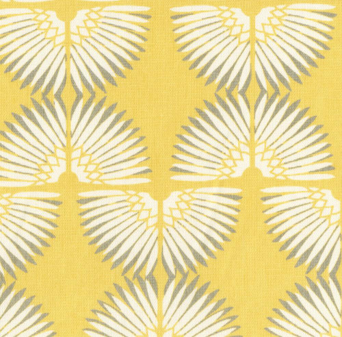 Waverly Fabrics Yellow Sunshine Urban Caterpillar, fabric with a yellow background and symmetrical white and gray caterpillar wing pattern.