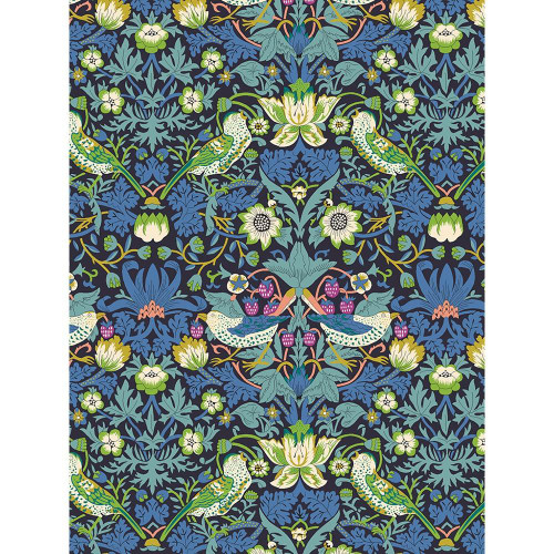 Liberty Fabrics Dark Blue William Morris Strawberry Thief Tana Lawn, intricately designed floral and bird pattern in dark blue, green, white, and pink shades.