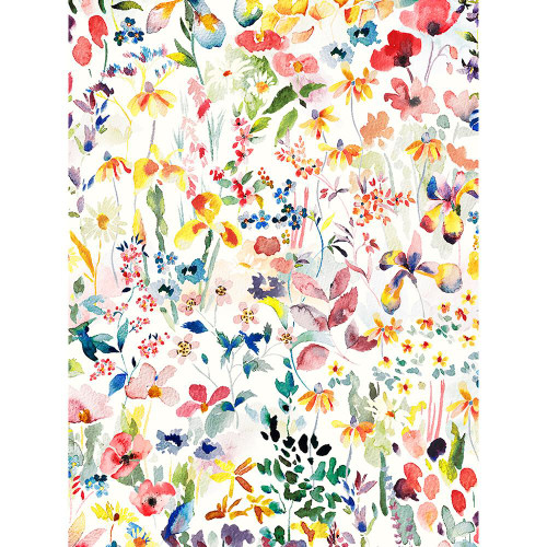 Liberty Fabrics Multi Bright Cream Yellow Felda Wild Flowers Tana Lawn, vibrant floral watercolor pattern with colorful wildflower designs on a creamy background.