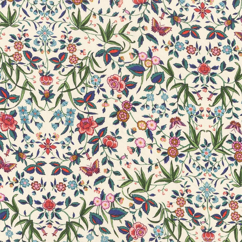 Liberty Fabrics Multi Bright Cream Blue Pink Tapestry Floral Tana Lawn