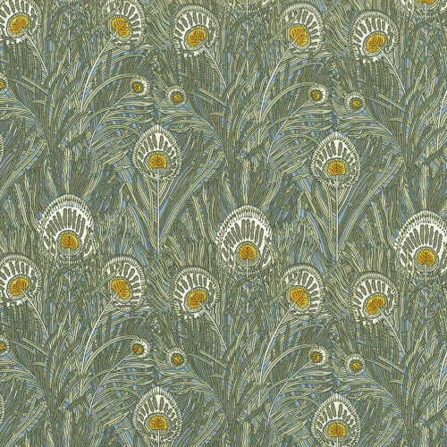 Liberty Fabrics Green Queen Hera Peacock Plumes Tana Lawn, intricate floral pattern with peacock feather motifs and green foliage.