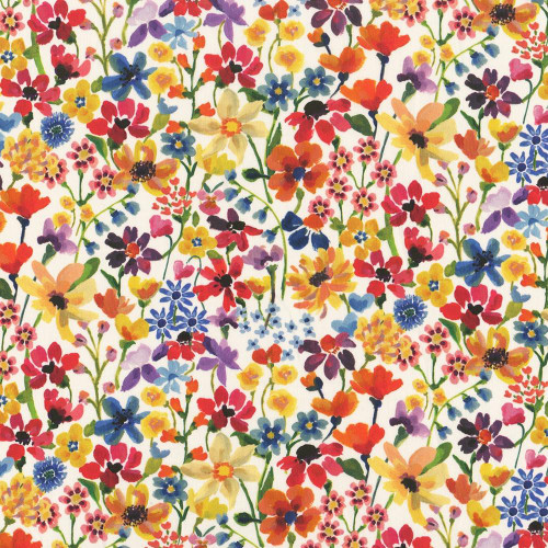 Liberty Fabrics Multi Bright Dreams of Summer Flowers Tana Lawn, vibrant floral pattern with colorful flowers in red, yellow, purple, blue, and orange on a white background.