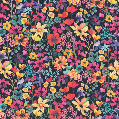 Liberty Fabrics Dark Blue Days of Summer Flowers Tana Lawn, vibrant floral pattern with colorful blossoms on a dark blue background.