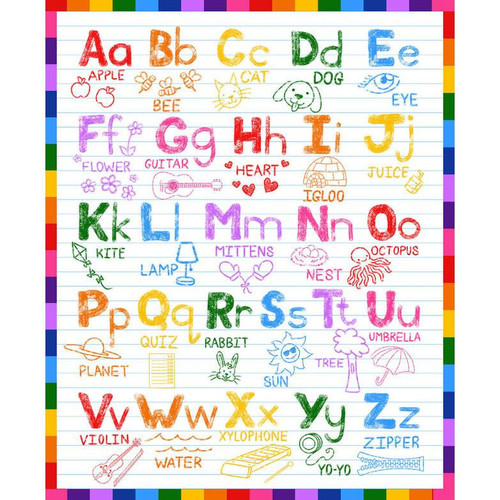 Blank Quilting Fabrics Color My World White/Multi Alphabet Panel 36 Inch, colorful alphabet panel with illustrations of objects and animals, children-friendly design.