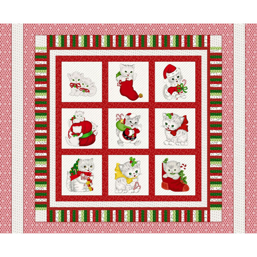 Henry Glass Fabrics A Kitty For Christmas Red Green Christmas Kitten Cat Panel 36