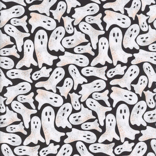 Blank Quilting Fabrics Ghostly Greetings Black Ghosts, fabric featuring a pattern of white ghost figures with black eyes and mouths, set against a black background.