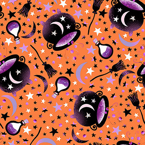 Blank Quilting Fabrics Ghostly Greetings Orange Cauldrons