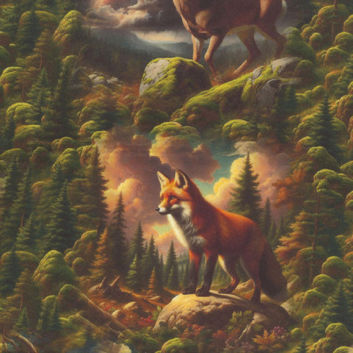 Blank Quilting Fabrics Wilderness Song Green Wildlife In The Forest, a forest scene featuring a fox standing on a rock with a dense green forest and wildlife in the background.