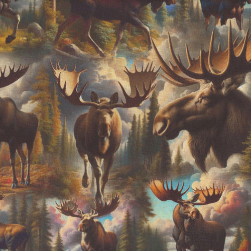 Blank Quilting Fabrics Wilderness Song Brown Elk, fabric pattern featuring detailed illustrations of brown elk with large antlers in a woodland scene with trees and clouds.