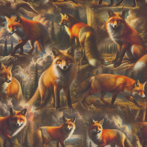 Blank Quilting Fabrics Wilderness Song Amber Foxes, fabric featuring a detailed print of multiple foxes in a forest landscape.