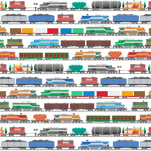 Clothworks Fabrics Let's Go! White Trains