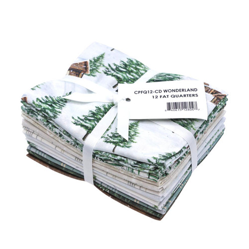 Timeless Treasures Fabrics Winter Wonderland Katie Hennagir 12 Fat Quarters, bundle of fabric pieces with winter-themed design featuring pine trees and snowy scenery, tied with a white ribbon. Timeless Treasures Fabrics Winter Wonderland Katie Hennagir 12 Fat Quarters, bundle of fabric pieces with winter-themed design featuring pine trees and snowy scenery, tied with a white ribbon.