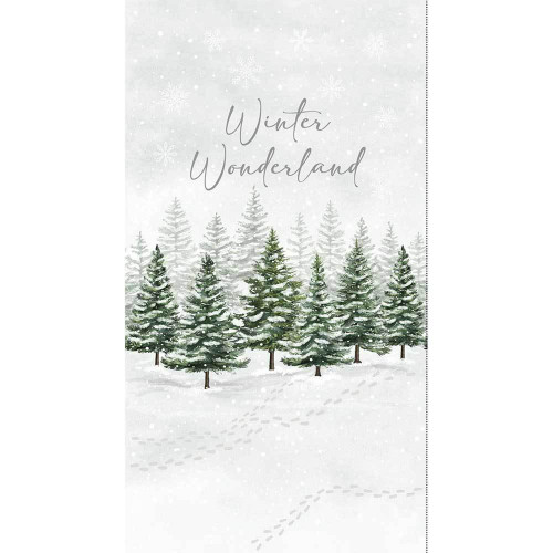Timeless Treasures Fabrics Winter Wonderland Katie Hennagir Winter Snowy Cream Cabin Panel, fabric panel featuring a snowy winter scene with evergreen trees and snowflakes in a cream and green color palette.