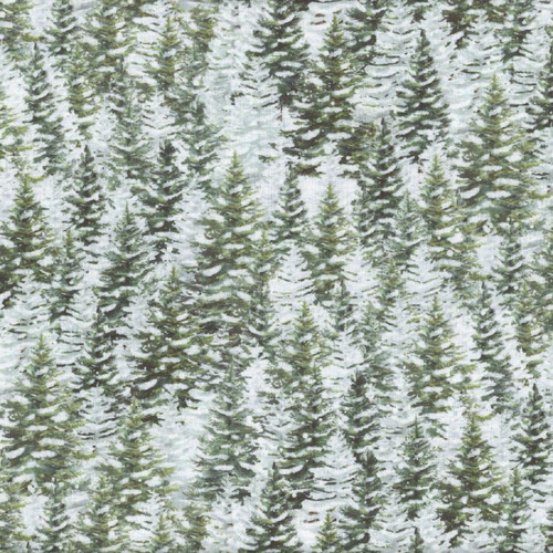 Timeless Treasures Fabrics Winter Wonderland Flannel Katie Hennagir Forest Green Snowy Pine Trees, fabric pattern featuring a forest of evergreen trees with snow on their branches, suitable for winter quilting and craft projects.