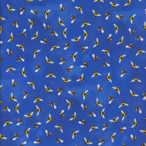In The Beginning Fabrics Kentucky Tennessee Shop Hop 2025 Royal Blue Bees, fabric with a pattern of flying bees on a vibrant blue background.