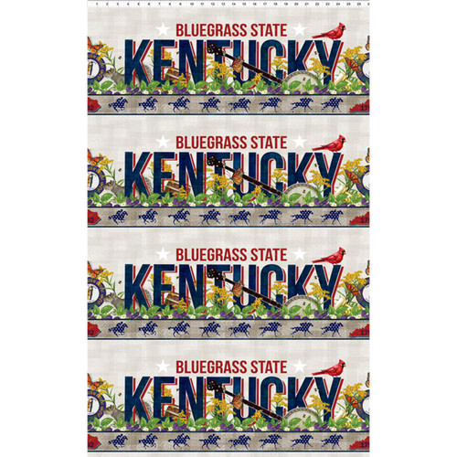 In The Beginning Fabrics Kentucky Tennessee Shop Hop 2025 Kentucky Repeating Stripe Panel, colorful fabric featuring Kentucky state symbols, floral patterns, and the state name.