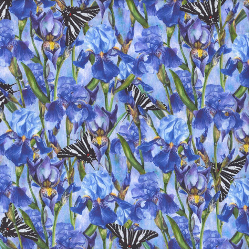 In The Beginning Fabrics Kentucky Tennessee Shop Hop 2025 Butterflies and Iris, fabric with a vibrant pattern of blue iris flowers and black and white butterflies.