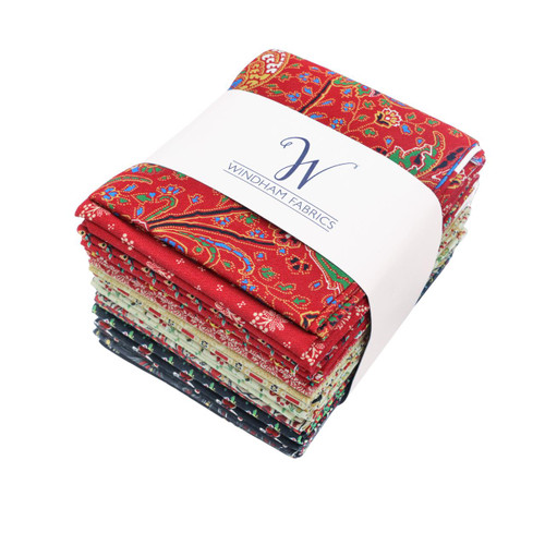 Windham Fabrics Whistler Studios Circa: Turkey Red Multi Fat Quarter Bundle, colorful fabric bundle with floral and geometric patterns.