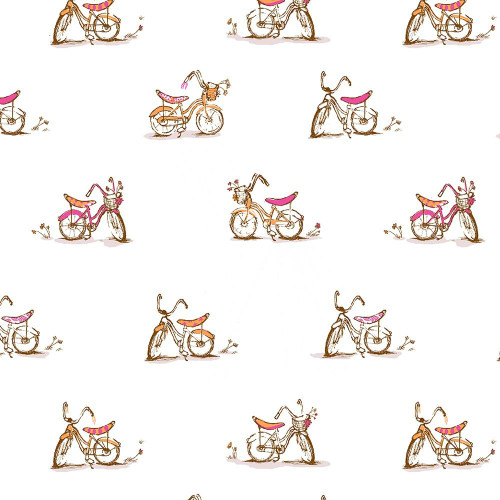 Windham Fabrics Heather Ross Studio Edit White Dream Bike, fabric pattern featuring whimsical illustrations of bikes with pink seats and floral accents on a white background.