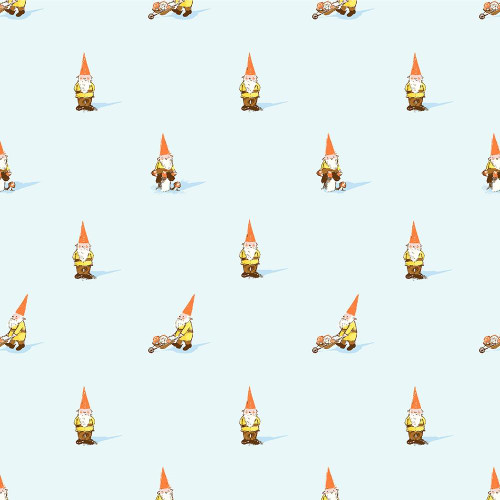 Windham Fabrics Studio Edit Heather Ross Blue Gnomes, fabric pattern featuring small gnome illustrations on a pale blue background.