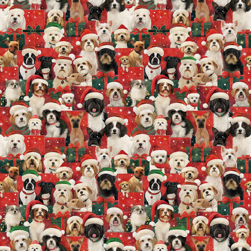 Quilting Treasures Fabrics Gotta Have It Novelties Red Green Brown Christmas Dogs Puppies, Christmas-themed fabric featuring various dog breeds wearing Santa hats and surrounded by gift boxes.