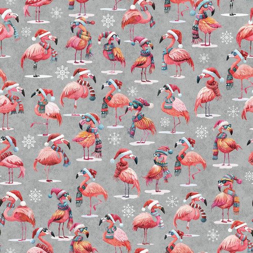 Quilting Treasures Fabrics Gotta Have It Novelties Grey Flamingos, cute pink flamingos wearing winter accessories such as Santa hats, scarves, sunglasses, and earmuffs on a grey background with snowflakes.
