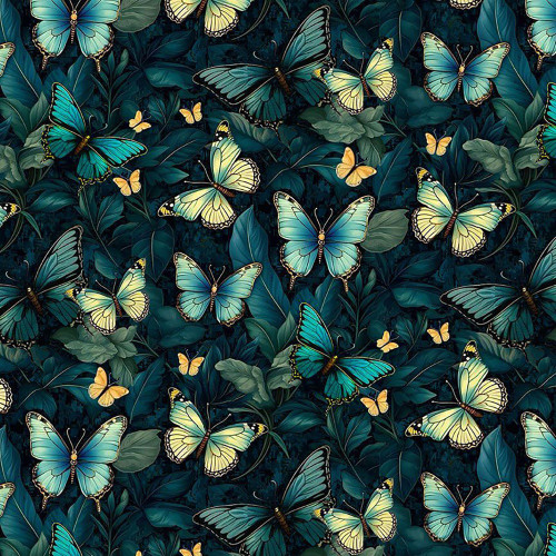Timeless Treasures Fabrics Floral Forest Whisper Teal Blue Green Butterflies in Foliage