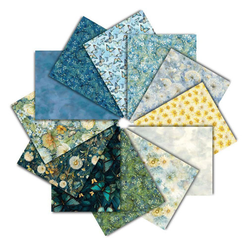 Timeless Treasures Fabrics Floral Forest Whisper 12 Fat Quarters, set of 12 fabric pieces with floral and butterfly patterns in shades of blue, green, and yellow.