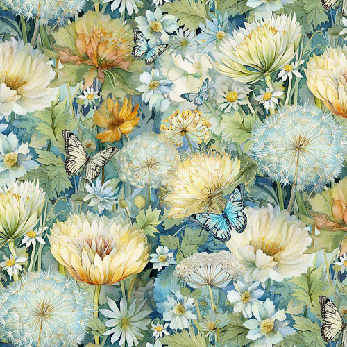 Timeless Treasures Fabrics Floral Forest Whisper Blue Green Dahlias Dandelions Dasies Floral