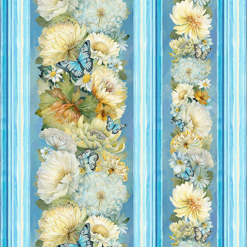 Timeless Treasures Fabrics Floral Forest Whisper Blue Flowers Butterflies 11 Inch Stripe