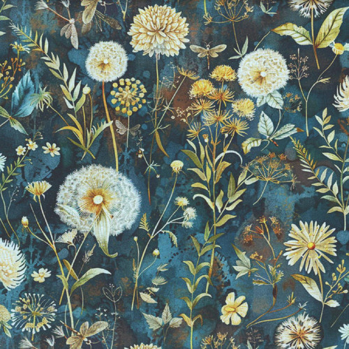 Timeless Treasures Fabrics Floral Forest Whisper Night Blue Dahlias Dragonflies Dandelions Floral, fabric with a dark blue background featuring detailed illustrations of white dandelions, yellow daisies, green leaves, and insects like dragonflies and bees in a botanical pattern.