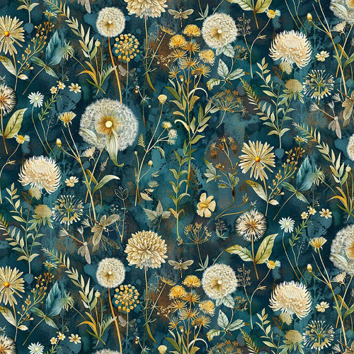 Timeless Treasures Fabrics Floral Forest Whisper Night Blue Dahlias Dragonflies Dandelions Floral