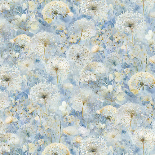 Timeless Treasures Fabrics Floral  Forest Whisper Misty Sky Blue Packed Dandelions
