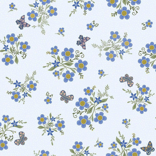 Dear Stella Designs Fabrics Float Like a Butterfly Sky Blue Dotted Butterflies Floral Sprays, fabric with a sky blue background featuring floral sprays and butterflies pattern.