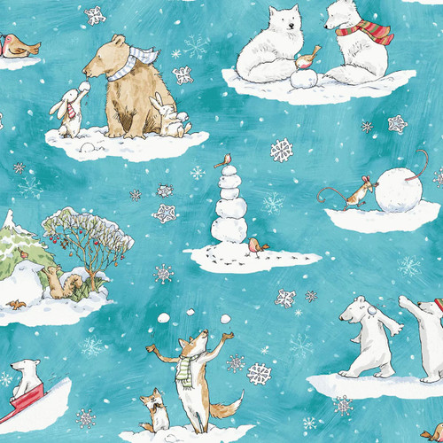 Clothworks Fabrics Anita Jeram Aqua Blue Snowtime Toile
