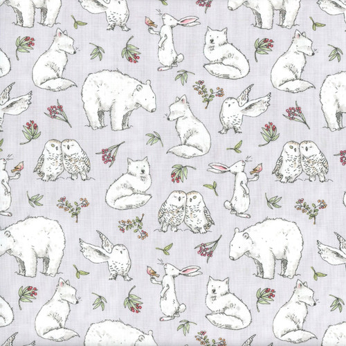 Clothworks Fabrics Anita Jeram Grey White Snowtime Winter Animals
