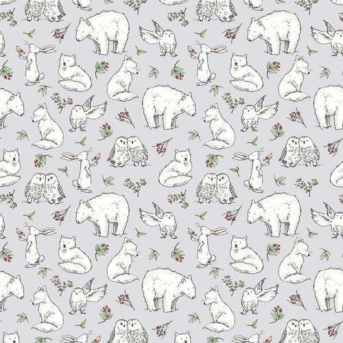 Clothworks Fabrics Anita Jeram Grey White Snowtime Winter Animals