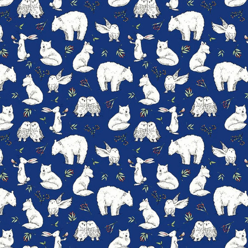 Clothworks Fabrics Anita Jeram White Navy Blue Snowtime Winter Animals